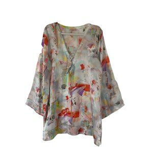SHAN Tunic Shirt Womens 14 Multicolor Abstract Floral Silk Serena Pap 2 Ladies